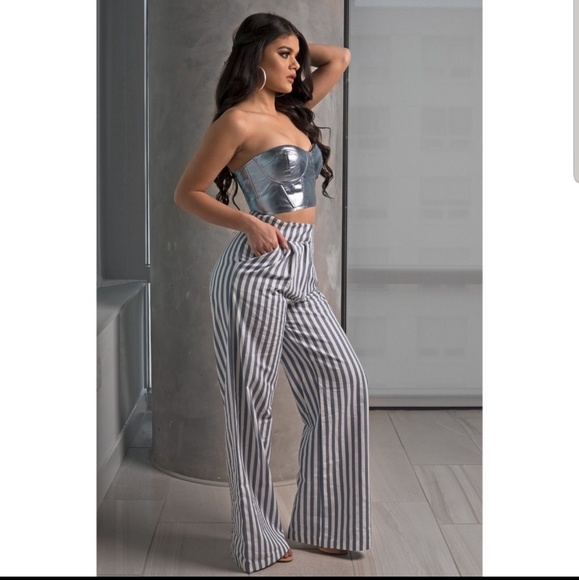 Blue White stripe high waist wideleg trousers L - Picture 2 of 7